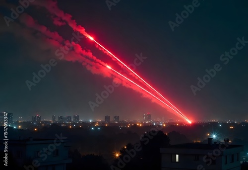 A highly realistic night-time urban skyline with dim city lights and distant high-rise buildings, under a dark, clear sky. Multiple bright red missile trails or anti-aircraft tracer fire streaking dia