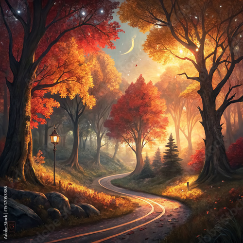 Enchanted Autumn Forest Path: A Digital Painting of Magical Fall Scenery