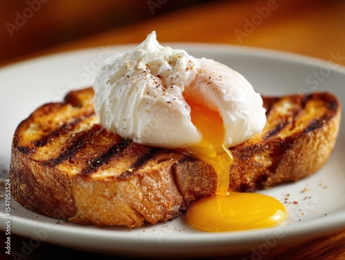 a perfectly poached egg atop golden-brown grilled toast