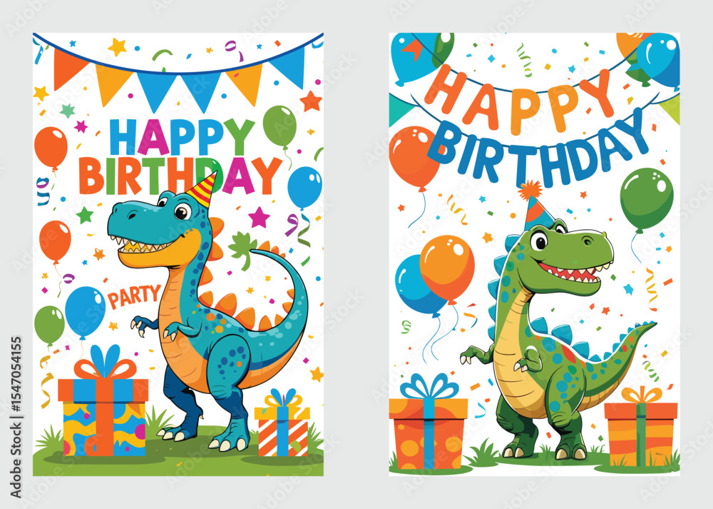 Obraz premium Smiling Green Dinosaur with Cake and Party Hat for Children