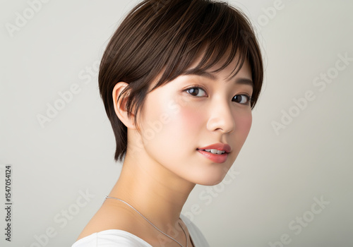 優しく微笑むスタイリッシュで上品なブラウンのストレートショートヘアの女性