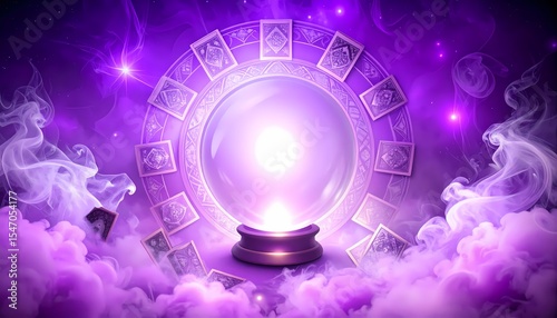 The enchanting mystical crystal ball with cards in purple color.  Spooky Halloween background.  Aesthetic Halloween background.