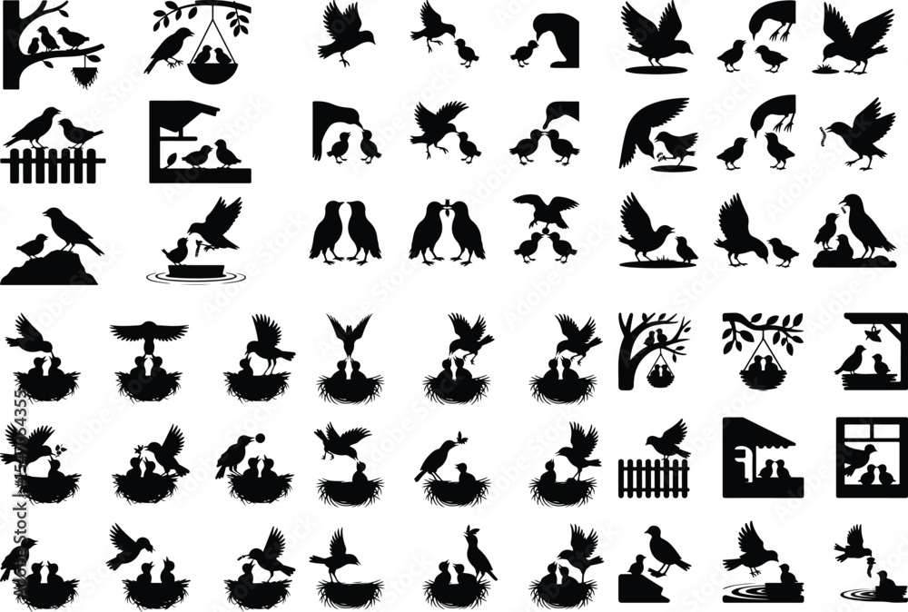 Naklejka premium Mother Bird with Baby Chicks Vector Silhouette Set Bird Feeding Chicks Silhouette Set – Nature Care Icon Collection