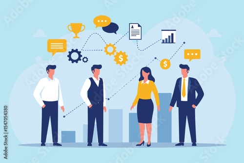 Collaborative Business Team: Strategic Planning, Communication, and Goal Achievement for Success flat vector illustration