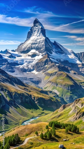 Breathtaking panorama of Matterhorn and Weisshorn mountains in the Swiss Alps