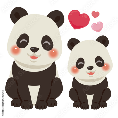 お座りした笑顔のパンダの親子イラスト　白目なし
