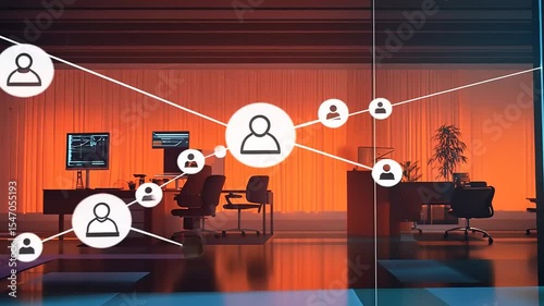Modern office environment with digital connections, showcasing teamwork and collaboration in action