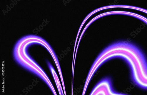 Glowing purple light trails curves flowing on black background, creating dynamic abstract patterns for cover, poster, banner, backdrop design