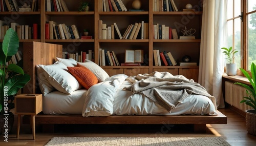 Cozy and comfortable reader bed, perfect for relaxing with a good book Ideal for bedrooms, libraries, or reading nooks Features soft cushions and plush bedding , relaxing, furniture, serene