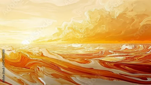 Vibrant sunset over a swirling ocean, with warm hues reflecting on the water's surface