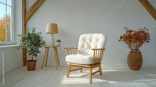 A cozy corner with a wooden armchair and natural elements.