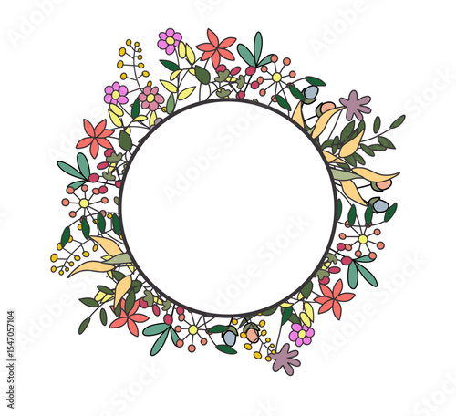 Colorful flower and leaf template design with circle negative area for text. floral circle frame template