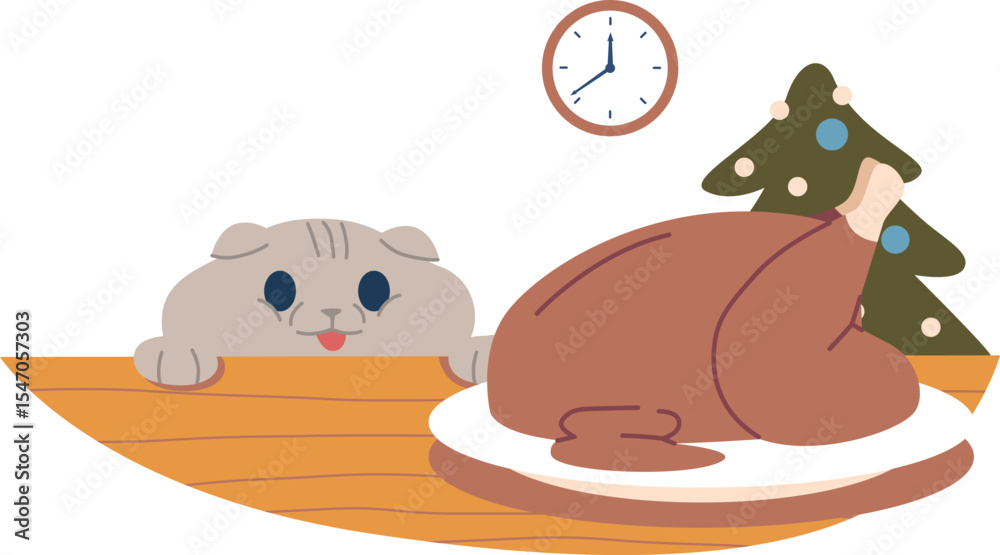 Fototapeta premium Cute cat stealing Christmas turkey