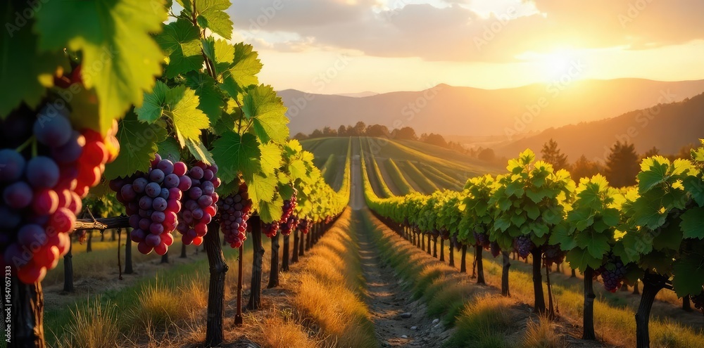 Fototapeta premium Sun-drenched vineyards rolling across the California hillsides, ripe grapes hanging heavy on the vines, ready for harvest A picturesque scene of California wine country , beauty, scenery