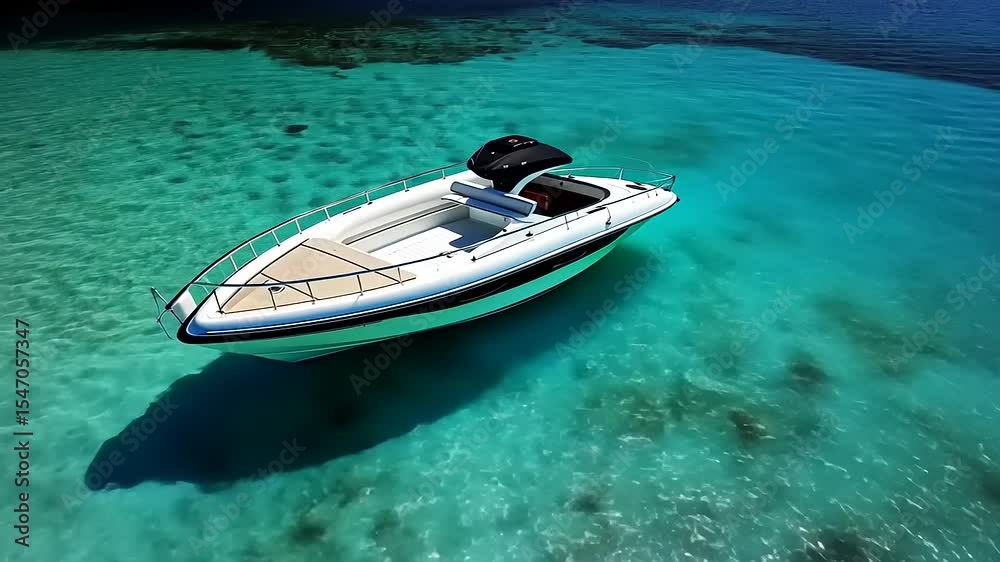 A sleek motorboat anchored in crystal-clear turquoise waters, surrounded by a tranquil marine landscape