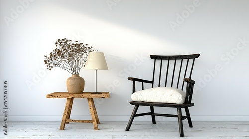 Rustic wooden furniture arrangement in a minimalist room.
