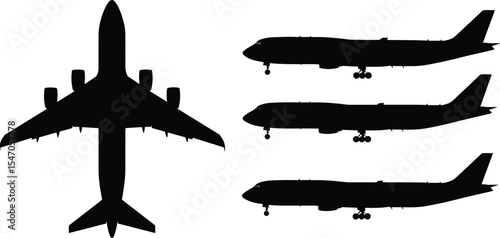 Commercial airplane silhouette set, jet aircraft top and side view, black vector planes, aviation clipart collection, passenger plane design, editable air travel illustration icon