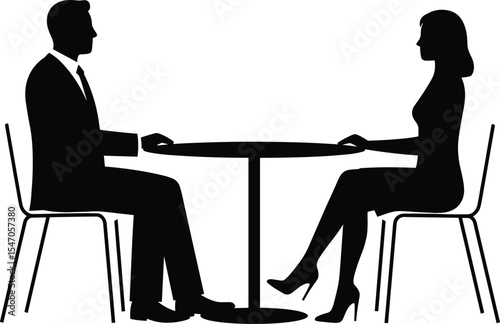 Man and woman silhouette sitting at table, professional business meeting, interview or date concept, vector illustration of formal conversation, simple black icon on white background