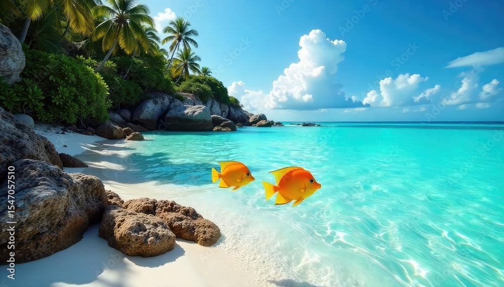 Obraz premium Vibrant tropical fish swim in crystal-clear shallows near a pristine, sunny beach Paradise found! Perfect for travel, vacation, and summer themes , green, wildlife