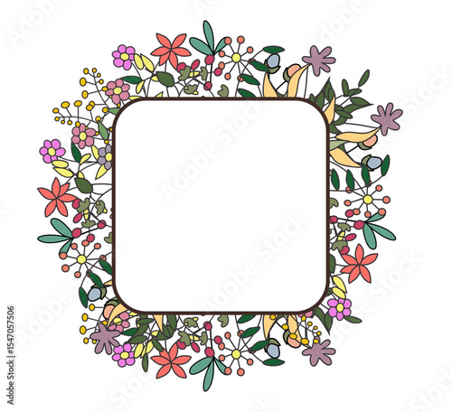 Colorful flower and leaf template design with square negative area for text. floral square frame template