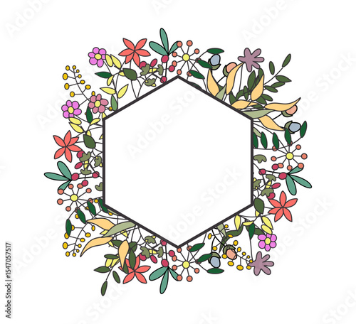 Colorful flower and leaf template design with hexagon negative area for text. floral hexagon frame template