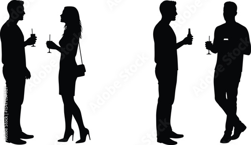 Silhouette of people talking, men and woman holding drinks at party, social gathering vector, bar conversation, nightlife scene, celebration mood, casual communication illustration