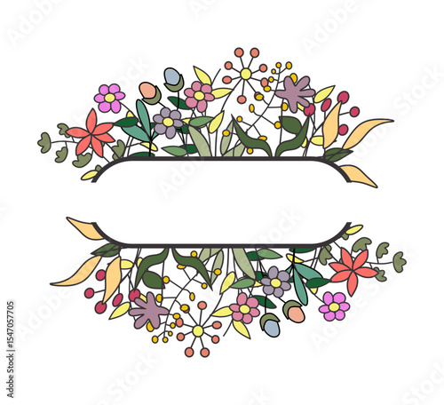 Colorful flower and leaf template design with shape negative area for text. floral shape frame template