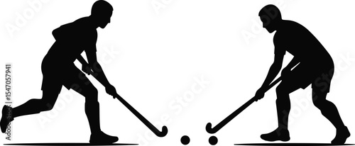 Silhouette of two field hockey players in action with stick and ball, isolated sports vector illustration, athletic competition concept, black sportsman icon design on white background