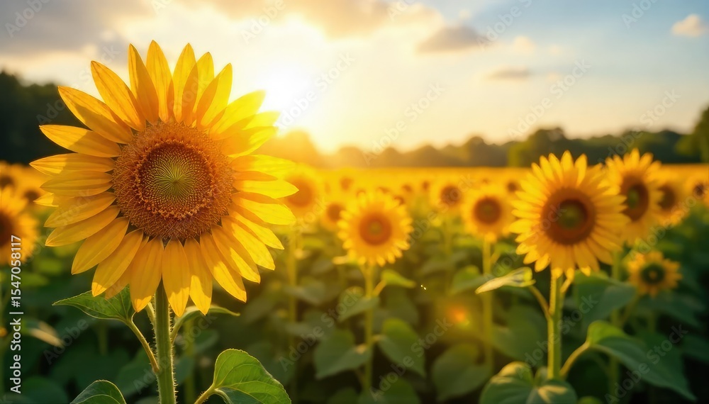Fototapeta premium A field of sunflowers basking in the golden sunlight, their faces turned towards the sun, creating a vibrant and joyful scene Perfect for summer, nature, and happiness themes , flowers, clouds