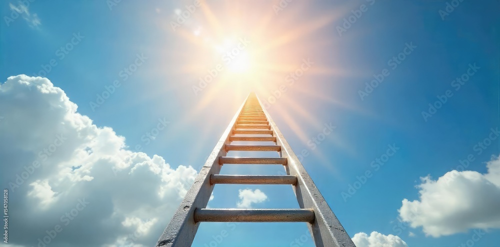 A gleaming metallic ladder ascends towards a bright, sunlit sky, symbolizing achievement and the successful climb to the top Reaching for success, ambition, and reaching new heights , triumph, metal A gleaming metallic ladder ascends towards a bright, sunlit sky, symbolizing achievement and the successful climb to the top Reaching for success, ambition, and reaching new heights , triumph, metal