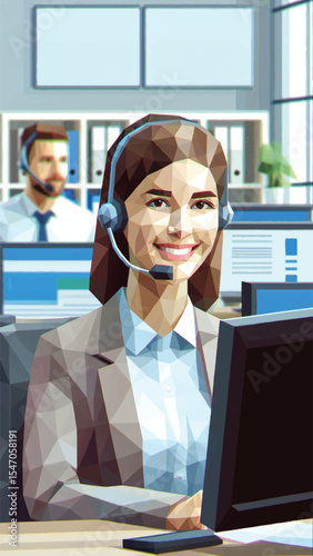 A female customer service person with a headset on her head smiles and poses in her office, in low poly style