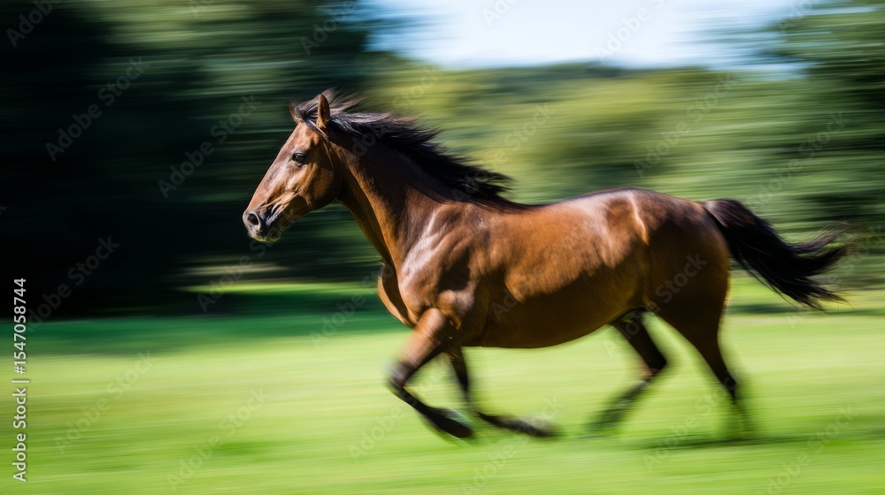 Fototapeta premium Powerful thoroughbred racehorse running at full speed on racetrack with dynamic motion and energy. Equestrian sports, horse racing competition and animal athleticism concept.