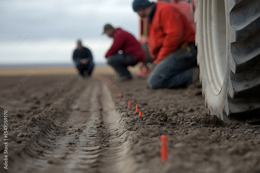 Naklejka premium workers nearby kneeling to examine underground pipeline