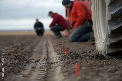 workers nearby kneeling to examine underground pipeline
