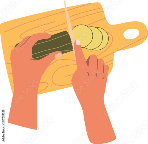 Human hands cutting cucumber vector illustration