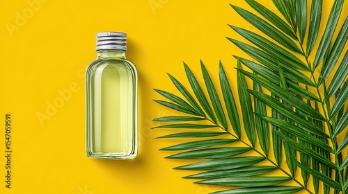 A glass bottle of liquid with a metallic cap and tropical leaves on a bright yellow surface.