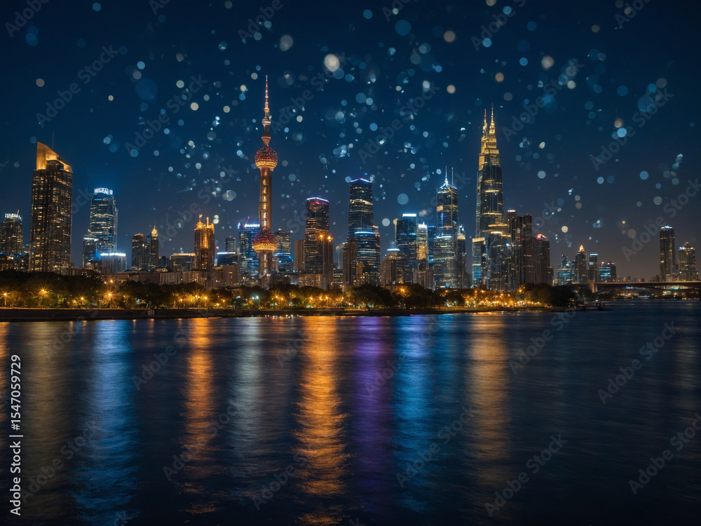 Fototapeta premium Evening skyline with blurred towers and scattered bokeh lights along riverbank viewed from across dark water surface under deep blue hour tones, the high-definition image reveals clear