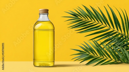 Clear glass bottle of oil set against a bright yellow background with palm leaves.