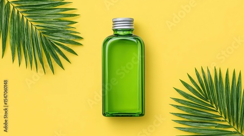 Green glass bottle and tropical leaf on a yellow background.