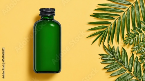 Empty green bottle and tropical leaves on a pastel yellow background.