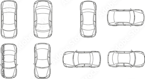 Top view car vector set, realistic vehicle illustration, black line outline drawing, automotive element clipart, transportation layout collection, overhead car icon for maps, parking design