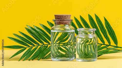Clear glass bottles with liquids and a tropical leaf on a yellow background.