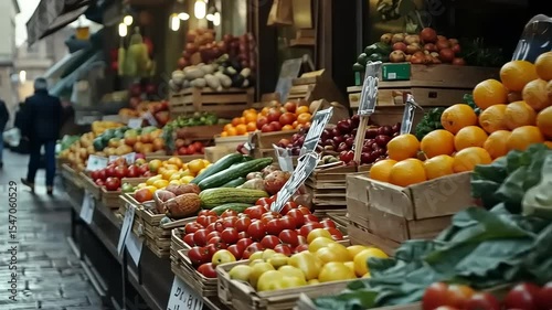 Vibrant market scene showcasing fresh fruits and vegetables with people browsing in the background