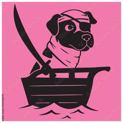 A playful pirate dog on a small boat sailing across the pink ocean illustration