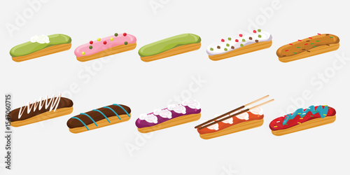  French Eclairs with Tiramisu Chocolate Strawberry and Matcha Toppings for Elegant Dessert Design