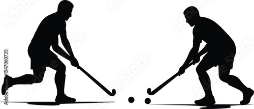 Field hockey players silhouette, action pose with stick and ball, sports competition vector, athlete match moment, isolated teamwork concept, black sportsmen figures, dynamic game illustration