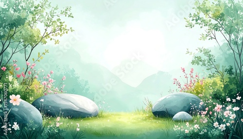 Serene Spring Meadow Landscape Painting - Watercolor style