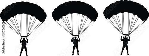 Parachute silhouette vector set, skydiver icons collection, black isolated jumper illustration, parachuting design element, aviation activity clipart, extreme sport figure for digital and print use