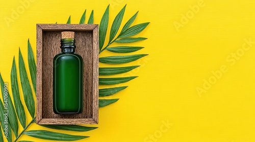 Dark green bottle in a wooden box with palm leaf.