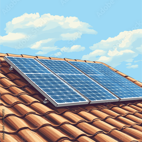solar panels on the roof, vector style simple color